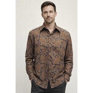 Tommy Hilfiger Men's Long Sleeve Paisley Cotton Shirt Brown Multi Color Size L